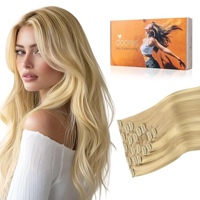 DOORES Clip-in Hair Extensions - Real Human Hair, Dirty Blonde & Platinum Blonde Mix, 24 Inch, 120g, 7pcs, Remy, Silky Straight, Thick