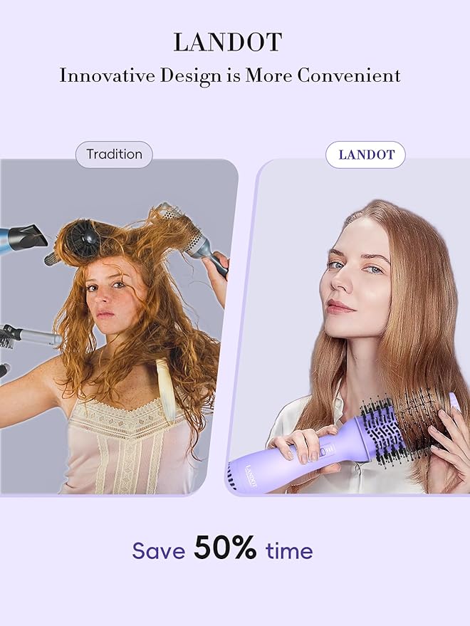 LANDOT 4-in-1 Blow Dryer Brush for Thick & Coarse Hair, Powerful Blowout Brush Styler with 60mm Oval Barrel,Fast Hair Drying & Frizz Control for Salon-Smooth and Manageable Hair at Home