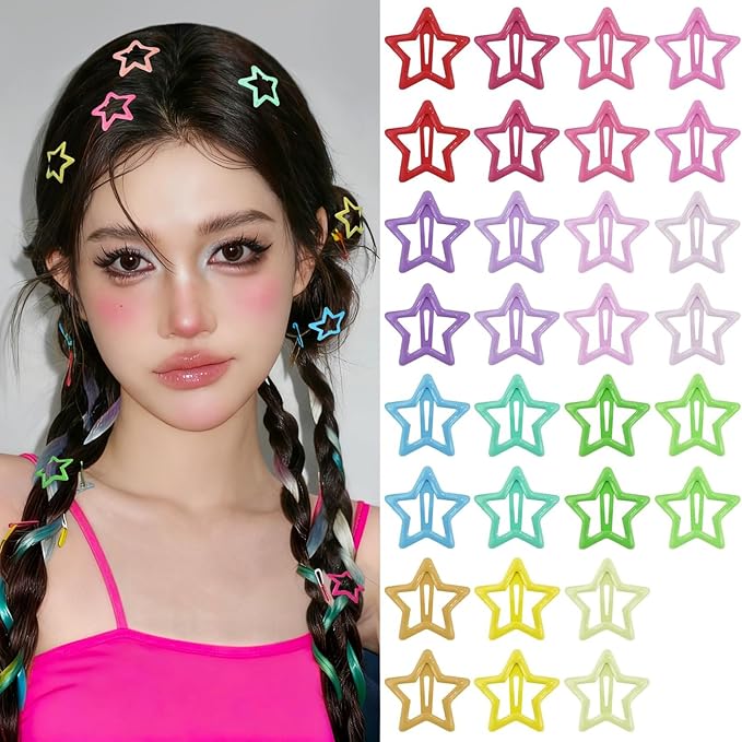 Star Hair Clips Snap Hair Barrettes Non Slip Star Hair Accessories Multiple Colors Metal Hair Clips for Girls Women -30 PCS 1.18"