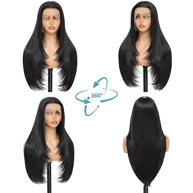Synthetic Lace Front Wig 13x4 HD Lace Layered Hairstyle Pre Plucked Hairline Straight Long Black Glueless Wigs for Black Women 26 Inch Beginner Friendly