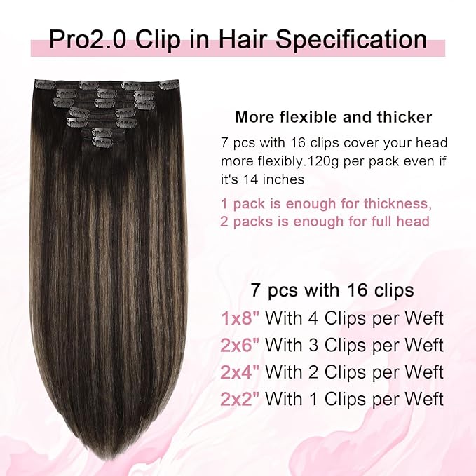 Pro2.0 Remy Clip in Extensions Real Human Hair #2/6/2 Balayage Dark Brown to Chestnut Brown Remy Clip in Hair Extensions Real Human Hair 18inch 120g Thick 7pcs Double Weft（#2/6/2-18inch）