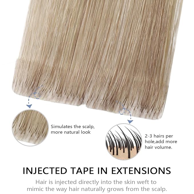 COOKAYU Invisible Tape in Hair Extensions Human Hair, Invisible Injected Tape in extensions Ash Brown to Platinum Blonde 16Inch 20pcs 35g Invisi Edge