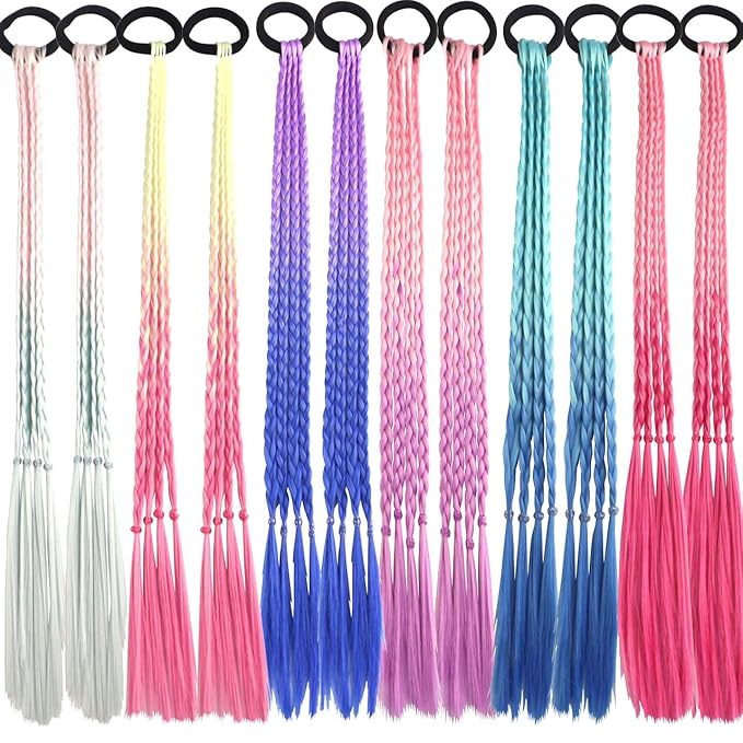 Colored Braids Hair Extensions with Rubber Bands Rainbow Braided Synthetic Hairpieces Ponytail Hair Accessories for Women Kids Girls Party Highlights Cosplay Dress Up (12PCS C Style)