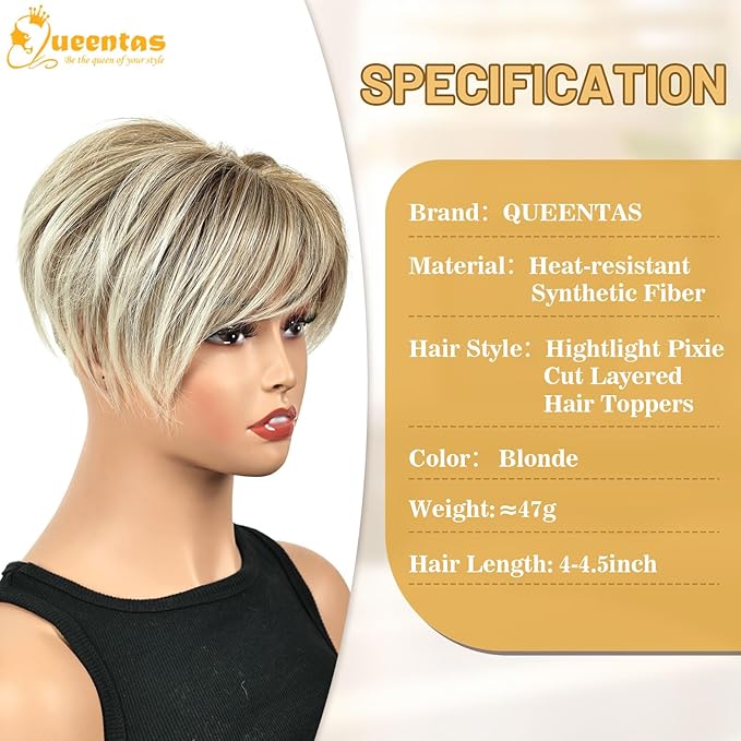 QUEENTAS Hair Topper for Women with Thinning Hair Pieces 6.5"*6"Large Coverage 360°3D Synthetic Short Wiglets with 5 Clips(Blonde Mixed Brown)