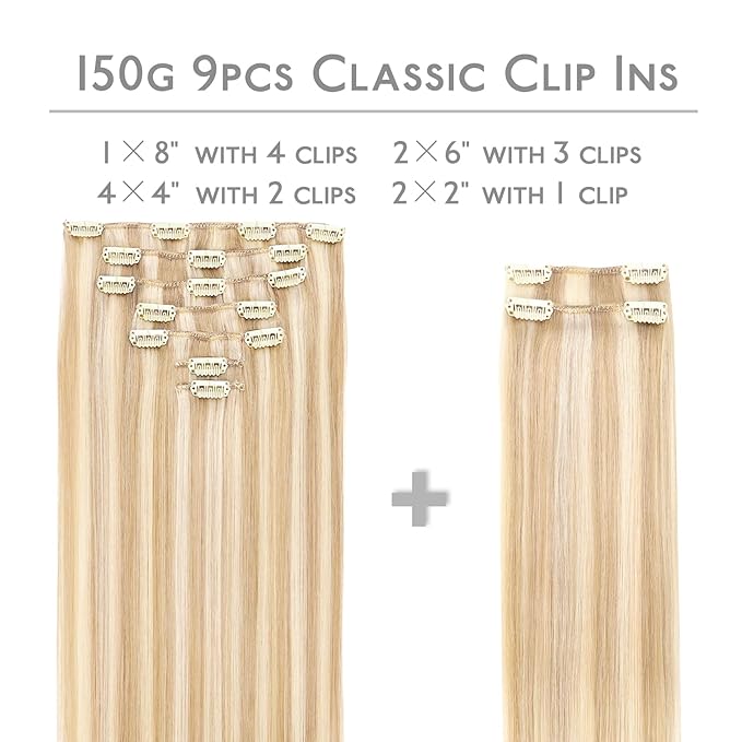 WENNALIFE Hair Extensions Clip In, 9pcs 20inch 150g Dirty Blonde Highlighted Bleach Blonde Thicker Clip In Hair Extensions Real Human Hair Remy hair extension Double Weft Clip in Human Hair Extensions