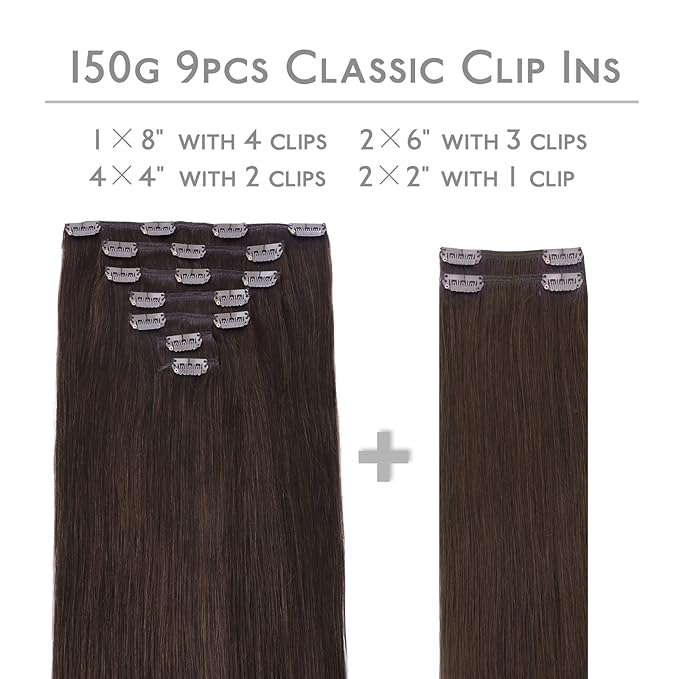 WENNALIFE Clip in Hair Extensions, 18 Inch 150g 9pcs Real Human Hair, Light Dark Brown Remy Hair Extensions Clip Ins Double Weft