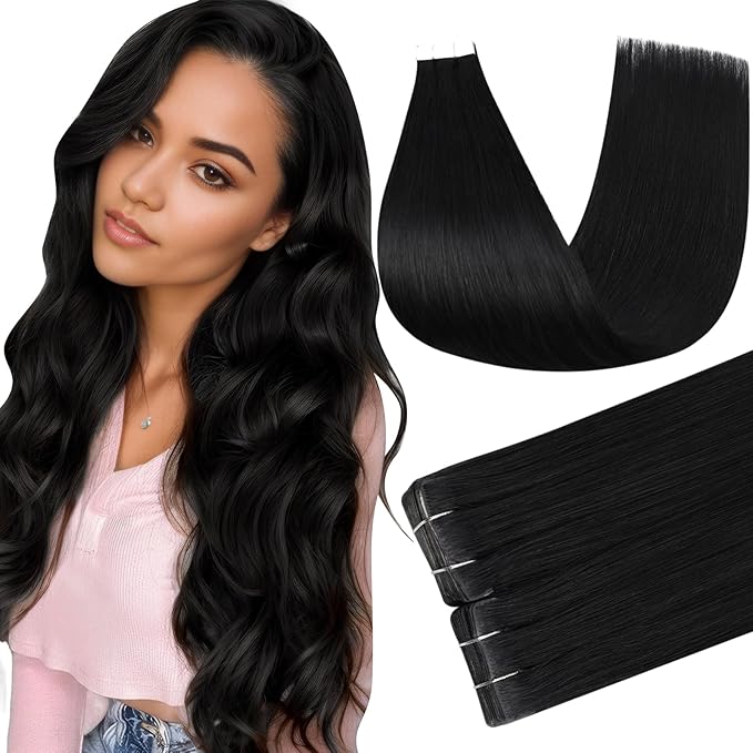 Full Shine Tape in Extensions Color 1 Jet Black Injection Human Hair Extensions Straight Machine Remy Insert Tape in Hair for Women 24Inch Seamless Skin Weft 50Gram 20Pcs Natural Invisible