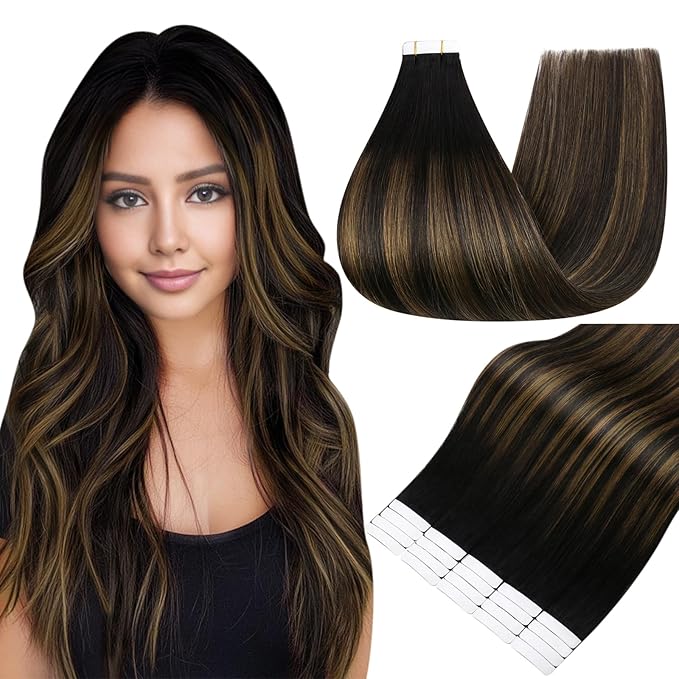 Full Shine Tape in Extensions Balayage Color 1B Off Black Ombre 6 Brown Highlight 1B Black Remy Tape Hair Extensions Real Human Hair 22 Inch 20 PCS 50 Grams Add Length