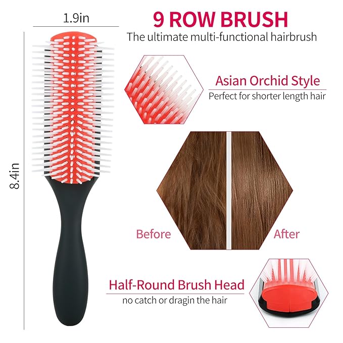 hair Brush Set for Afro America/African Hair, Textured 3a to 4c -Detangler Brush,9 row hair brush,Wide Tooth Comb,Rat Tail Comb (Pink)