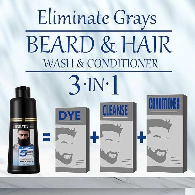 Men's Long-Lasting Black Hair Dye & Root Touch Up for Gray Coverage - 5 Minute Natural Beard & Mustache Coloring Shampoo 3-in-1
