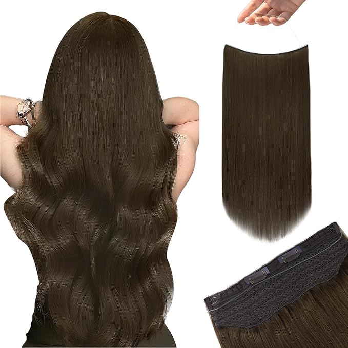 YoungSee Wire Extensions Real Human Hair Brown Wire Hair Extensions Real Human Hair Brown Fish Line Hair Extension for School 80g 16 Inch