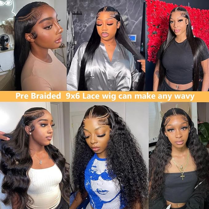 250% Pre Braided Wig Glueless Wigs Human Hair Pre Plucked Pre Cut Human Hair Wigs for Women 9x6 Silky Straight HD Lace Front Wigs Human Hair Pre Everything Glueless Bleached Knots
