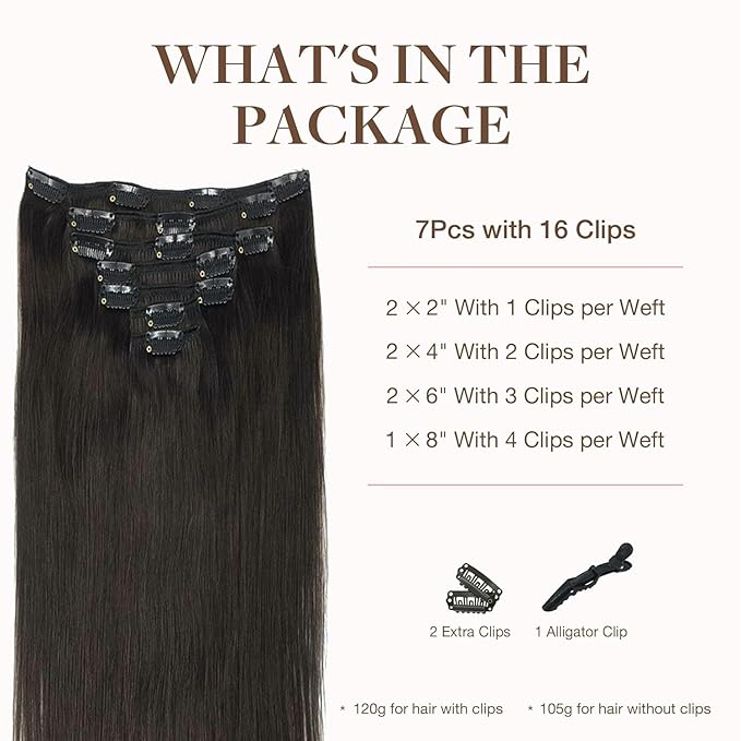 GOO GOO Clip in Hair Extensions Real Human Hair, Remy Human Hair Extensions Clip ins for Women, Natural Human Hair, 22inch 170g 7Pcs, #2 Dark Brown