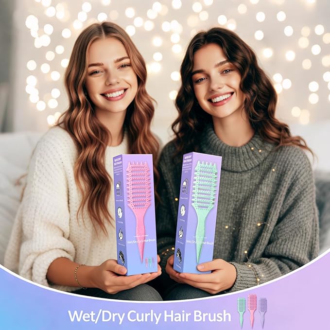 Curl Defining Brush, 4-in-1 Curly Hair Brush – Flexible Styling Brushes for Women and Men, Curls Detangling Hairbrush Featuring a Crescent Shape and Ultra-Smooth Bristles for Wet & Dry Hair - Pink