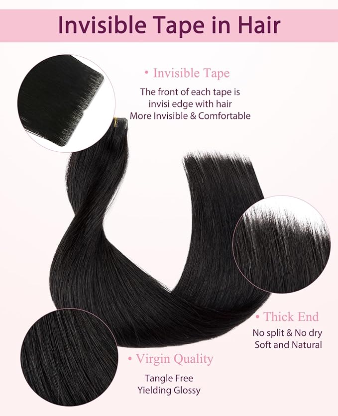 Pinkpearl Invisible Tape in Hair Extensions Human Hair, 20pcs 22inch 60g #1B Natural Black Injection Tape in Extensions Real Remy Straight Seamless Silky Human Hair Injected