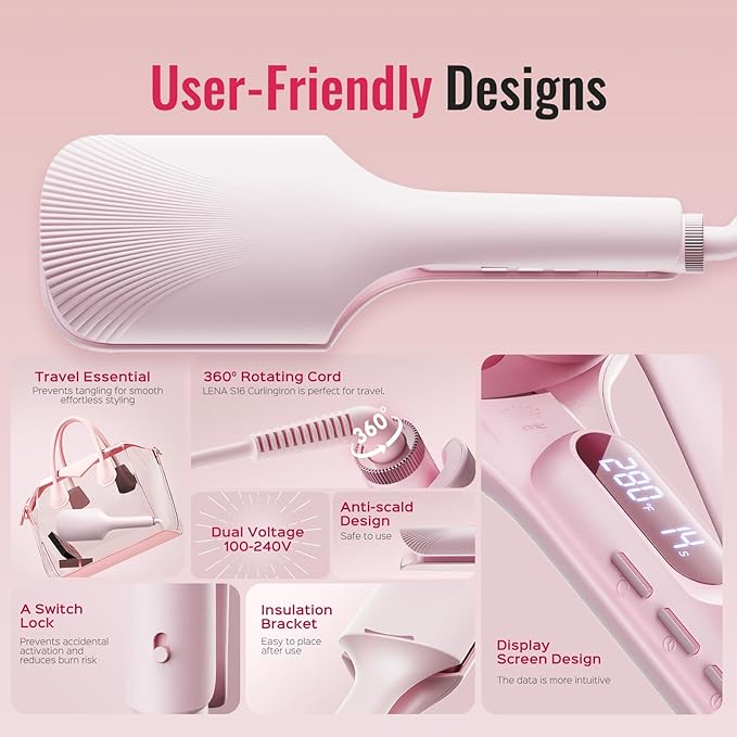 Hair Waver LENA S16 Beach Waves Curling Iron, Hair Tool for Women with 3 Titanium Ceramic Barrels, Anti-Scald Protection, Smart Timer & Adjustable Temps, Dual Voltage, 1.25 Inch, Pink