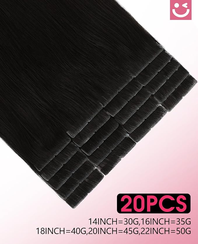 Youngsmile Injection Tape in Hair Extensions Human Hair, #1B Natural Black Invisible Tape in Injected Hair Extensions, 20pcs 30g, 14 Inch Injected Tape Ins Straight Extensiones De Cabello (#1B,14'')