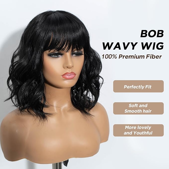 NOBLE Black Bob Curly Wavy Wig with Bangs for Women, Natural, Heat Resistant Synthetic Fiber Wig for Daily Party Cosplay Costume