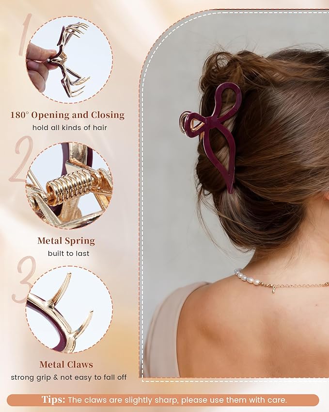 ACECHA 2 Pack Gold Metal Bow Hair Claw Clips for Women, 4.5" Colorful Non-slip Hairclips for Thick Thin Hair Claws Strong Hold Styling (Solid Color)
