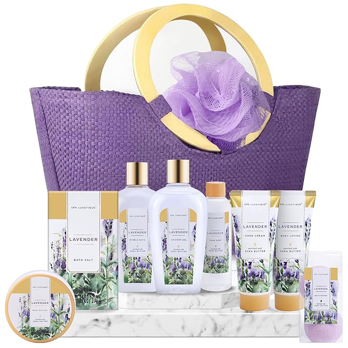 spa luxetique Gift Baskets for Women, Spa Gifts for Women - 10pcs Lavender Sets with Body Lotion, Bubble Bath, Relaxing Bath Sets, Birthday Christmas Gifts for Her