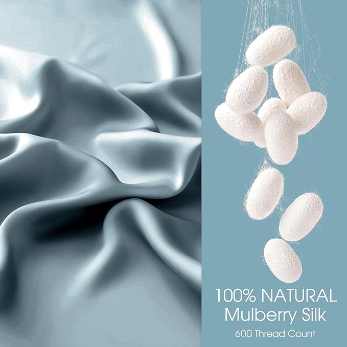 100% Silk Pillow Cases 2 Pack Queen Size Mulberry Silk Pillowcase for Hair and Skin Set of 2 Highest Grade 6A Silk Soft Breathable Cooling with Hidden Zipper, Grey Blue