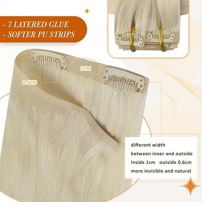 Full Shine Clip in Extensions Platinum Blonde Real Hair Extensions Clip in Human Hair Blonde Invisible Hair Extension with PU Weft Straight Hair 16 Inch 8 PCS 120 G