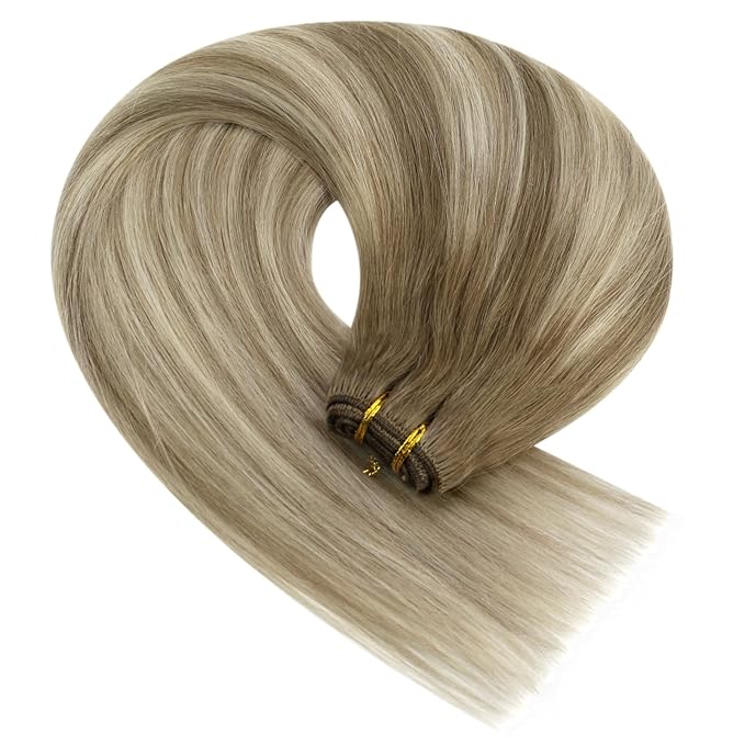 YoungSee 24Inch Hair Extensions Weft Light Brown Blonde Hand Tied Weft Hair Extensions Human Hair Balayage Light Brown Mix Platinum Blonde Sew in Extensions for Long Hair 100G
