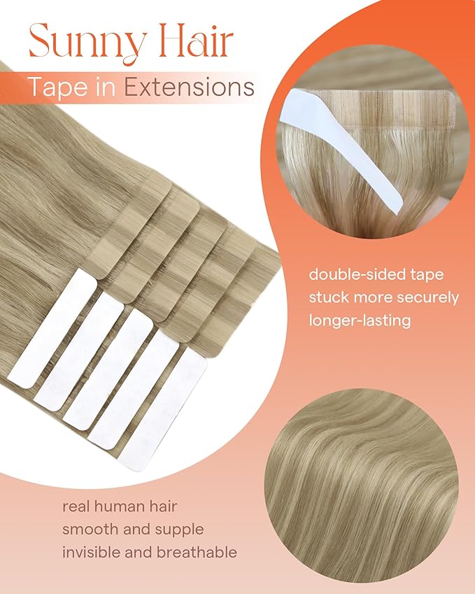 Sunny Hair Tape in Hair Extensions Real Human Hair Invisible Remy Hair Extensions Tape ins for Women Dark Honey Blonde Highlight Medium Blonde 16 inch 25G