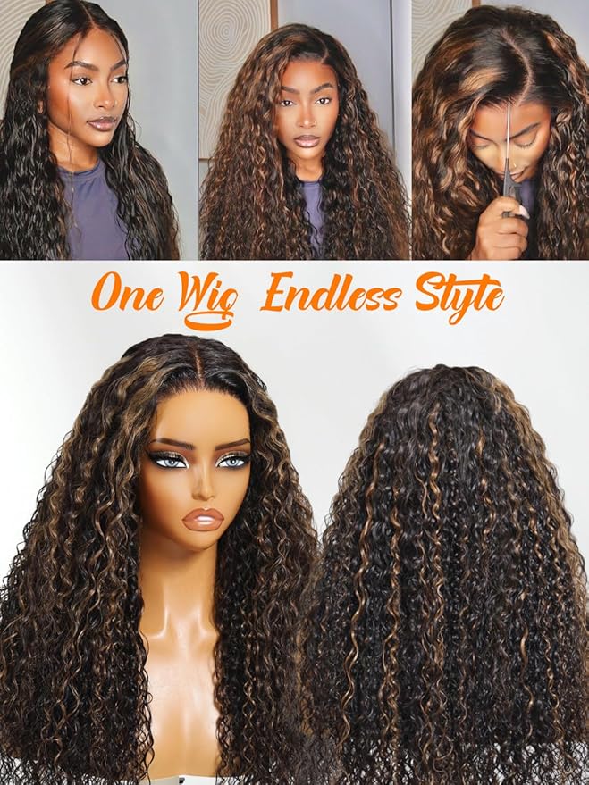 Julia Hair Golden Brown Highlight Water Wave and Jerry Curly Wig Mixed Curls 13X4 Lace Front Pre Everything Wigs Glueless Human Hair Lace Frontal with Invisi Drawstring Ready to Go 18 Inch