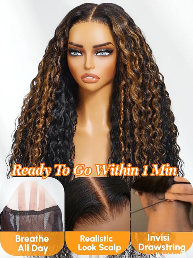 Julia Hair Ombre Brown Water Wave Glueless Wig Human Hair 7x5 HD Lace Closure with Invisible Drawstring Pre Plucked Bleached Highlight Balayage Colored Curly Wigs Put On And Go 24 Inch