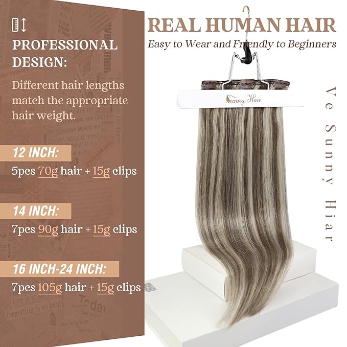Ve Sunny Clip in Hair Extensions Real Human Hair for Women Full Head Straight Remy Clip in Extensions Light Brown Highlights Platinum Blonde 7pcs 120g 16 inch