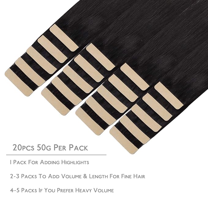 WENNALIFE Tape in Hair Extensions Human Hair, 20pcs 60g 28 inch Natural Black Remy Hair Extensions Straight Human Hair Tape in Extensions Skin Weft Tape Extensions Human Hair