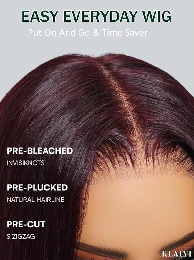 KLAIYI Black Cherry Bob Loose Body Wave Precut 7x5 HD Lace Front Wigs Human Hair Glueless Bye Bye Knots Drawstring Red Burgundy Wig with Curtian Bang Pre Plucked Bleached Ready to Put On And Go 10Inch