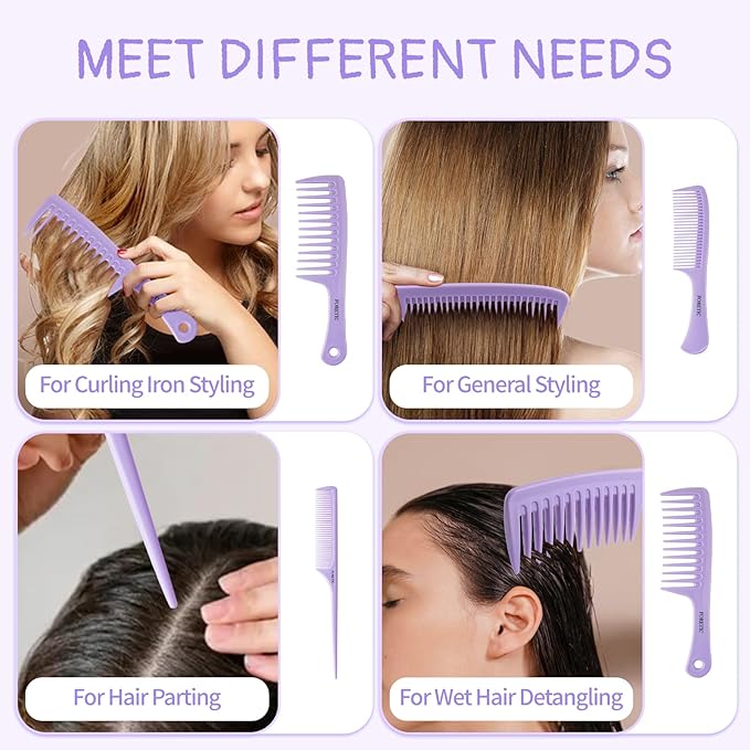 Hair Comb 3-in-1 Plastic Hair Comb Set For Women, Men - Wide Tooth, Rat Tail, and Regular Tooth Detangling Hair Combs for All Hair Types-Purple