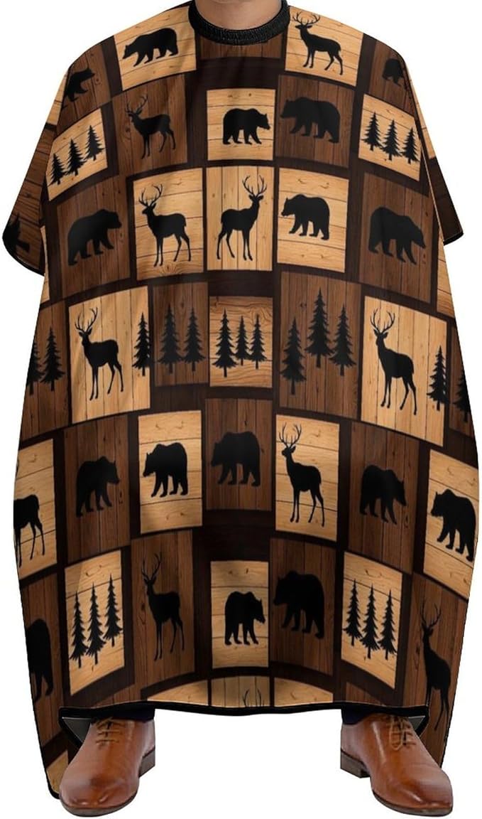 Salon Gown Cape Rustic Wood Bear Moose Pattern Haircut Gown, Full Coverage Haircut Hairdressing Cloth Apron for Hairstylists, Easy Clean