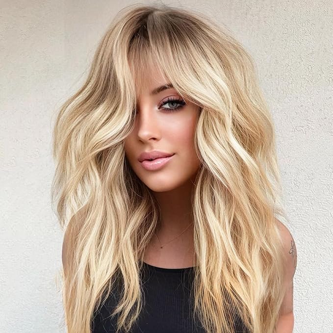 Ombre Blonde Wig with Bangs,Blonde Highlight Wavy Wigs for Women,Shoulder Length Curly Synthetic Hair Wig for Party Daily Use 18IN…