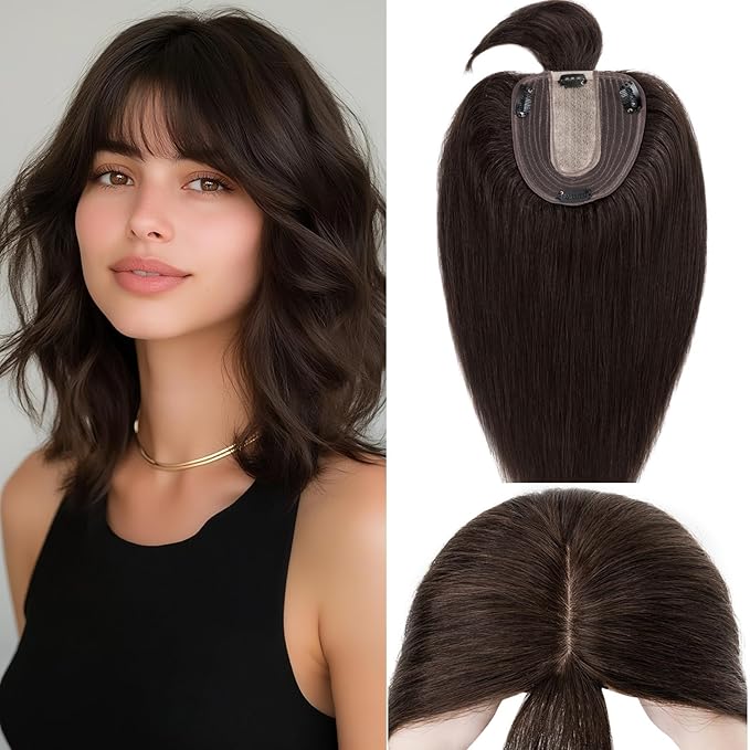 Rich Choices Real Human Hair Toppers for Women With Bang 100% Remy Human Hair Topper for Thinning Hair Clip in Silk Base Hair Topper 12 Inch #2 Dark Brown