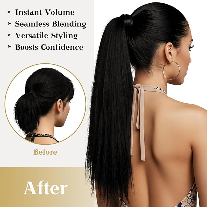 Ve Sunny Hair Extensions Ponytail Real Human Hair Wrap Around Clip in Ponytail Hair Extensions Straight Extensions Human Hair for Women Jet Black 22inch 80G