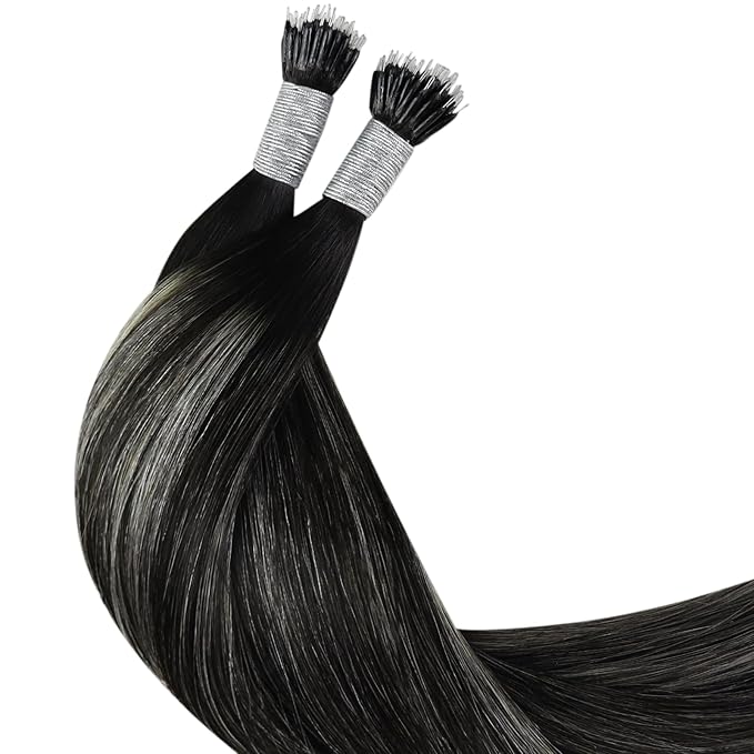 YoungSee Nano Extensions Human Hair Black Ombre Nano Ring Hair Extensions Balayage Black to Silver Nano Loop Hair Extension Silver Nano-Link Extension Cold Fusion 1g/s 50g 16inch