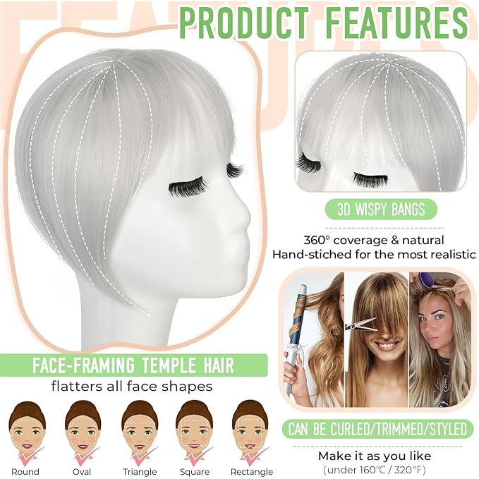 Bangs Hair Clip in Bangs 360°3D Cover Hair Topper Synthetic HairPieces for Women Silver Gray Wispy Fake Bangs Toppers for Daily Wear