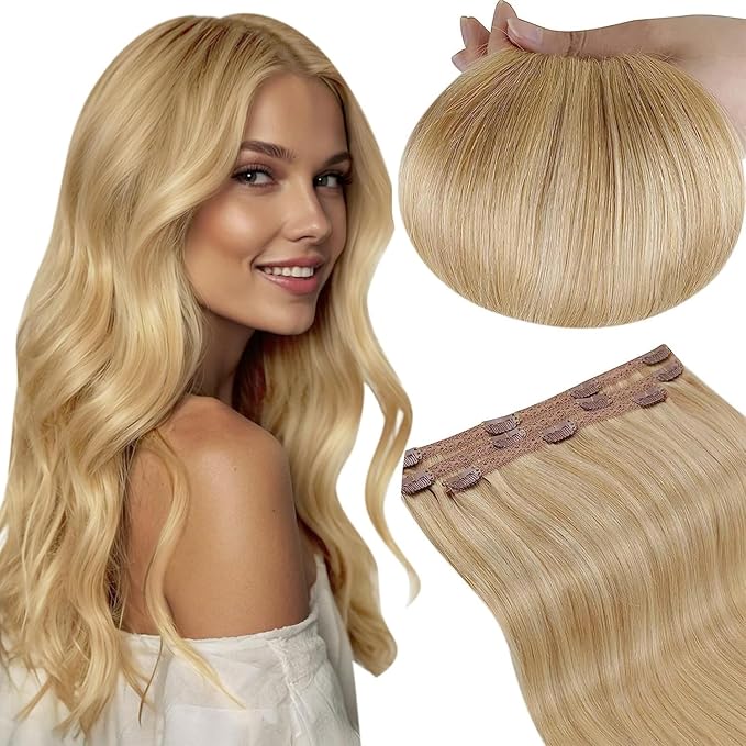 RUANTURE Blonde Human Hair Clip in Extensions, 20 Inch Clip in Hair Extensions Real Human Hair, Long Hair Extensions Clip Ins, Add Hair Length, 50g 3pcs #16P24 Golden Blonde Highlights