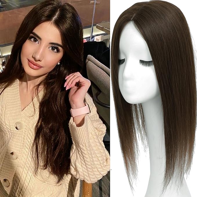 Hair Toppers for Women Real Human Hair, 360° 3D Human Hair Toppers for Women with Thinning Hair Upgrade Middle Part Clip in Bangs (Mocha Brown NEW, 18 Inch-3D-Side)
