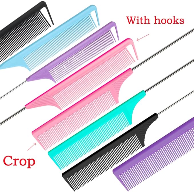 8pcs Rat Tail Combs Set,Long Steel Pin Teasing Combs for Salon Hair Stylists,2 styles and multiple colorsb of Metal Parting Combs for Women,Hair Teasing Fine Tooth Comb Aigee