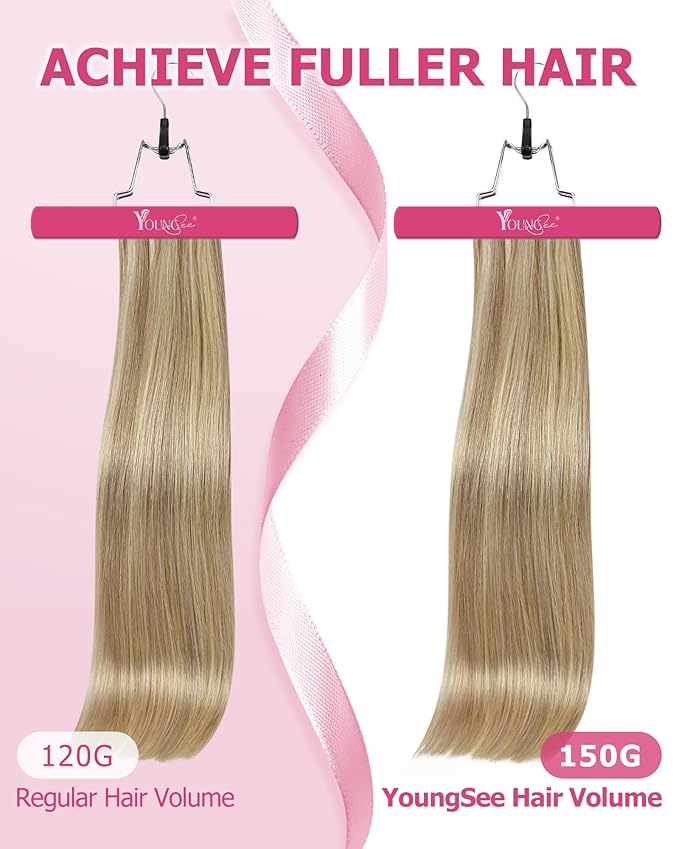 YoungSee Highlight Clip in Hair Extensions Human Hair Golden Blonde Clip in Extensions Real Human Hair Light Blonde Highlights Real Human Hair Extensions Clip ins for Women 16Inch 7Pcs 120G