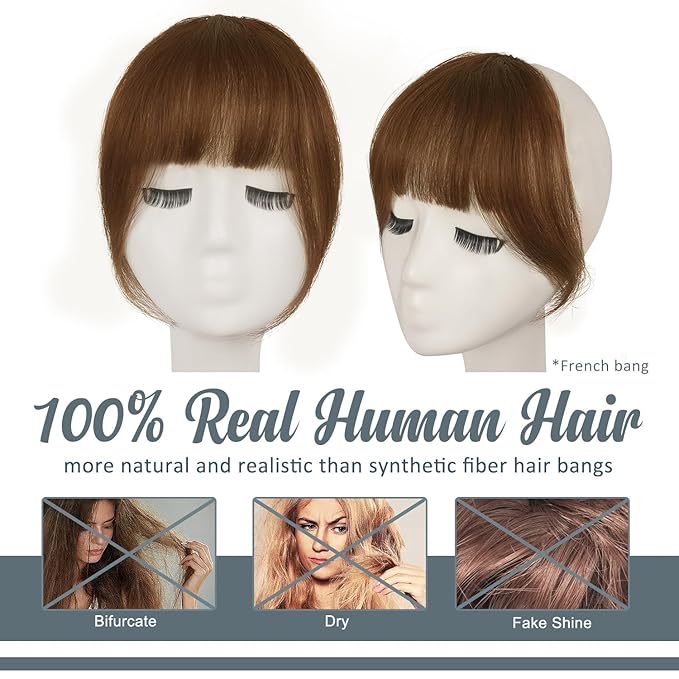 BARSDAR Real Human Hair Clip in Bangs - 100% Human Hair Clip in Bangs for Women - Brown French Bangs Extensions Fringe with Temples Real Hair Fringe Hairpieces - Medium Golden Brown