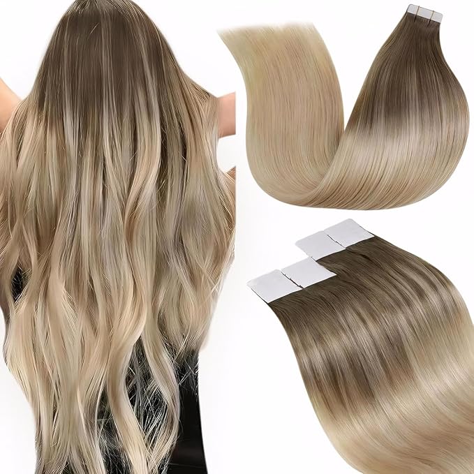 LaaVoo Tape in Hair Extensions Human Hair Ombre Hair Extensions Tape in Brown to Ash Blonde Hair Tape on Extensions Real Human Hair 20inch 50g 20pcs