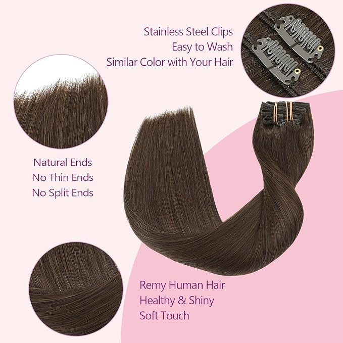 PINKPEARL Human Hair Clip in Hair Extensions 16inch #4 Chocolate Brown Clip in Hair Extensions Real Human Hair 7pcs 120g Natural Human Hair Clip ins for Women(#4-16)