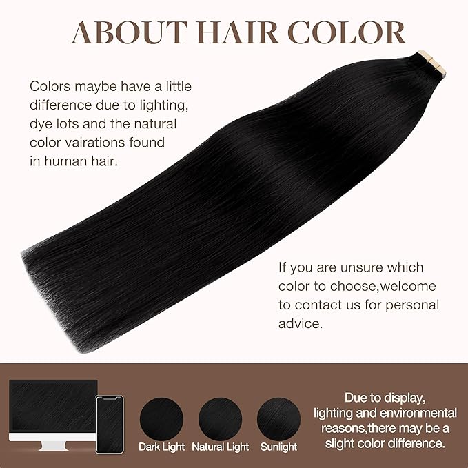 GOO GOO Tape in Hair Extensions Human Hair, 1 Jet black, 24inch 30g 10pcs, Skin Weft Seamless Invisible, Silky Straight with Thick Ends, Remy Human Hair