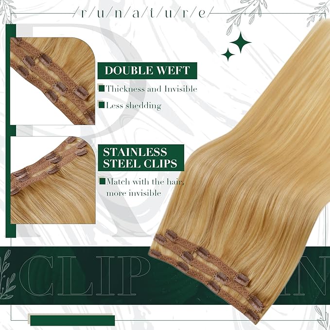 RUNATURE Clip in Hair Extensions Blonde Real Human Hair Clip in Extensions, Short Clip Hair Extensions Human Hair Blonde Highlights Remy Hair Add Hair Volume 12 Inch 50g 3pcs #16P24