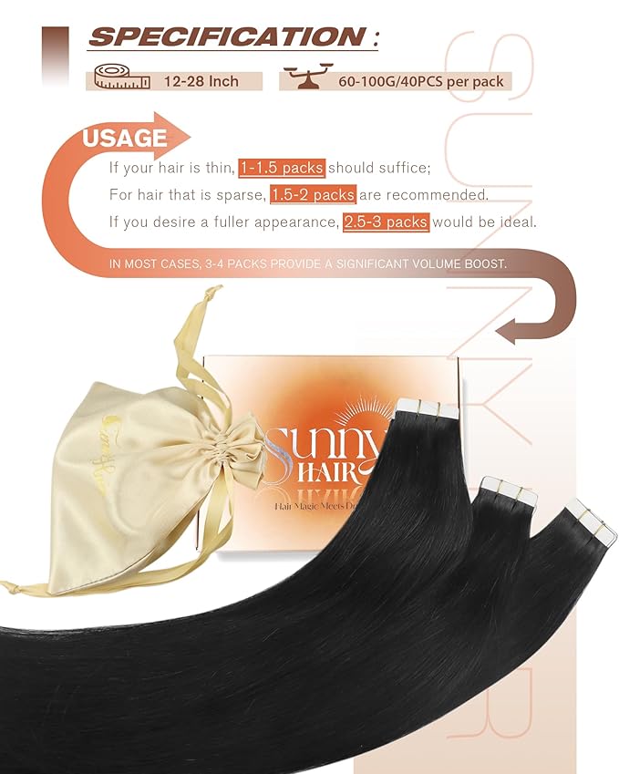 Sunny Hair Tape in Extensions,Remy Hair Extensions Tape in Black Invisible Tape in Hair Extensions Human Hair 100g 18Inch